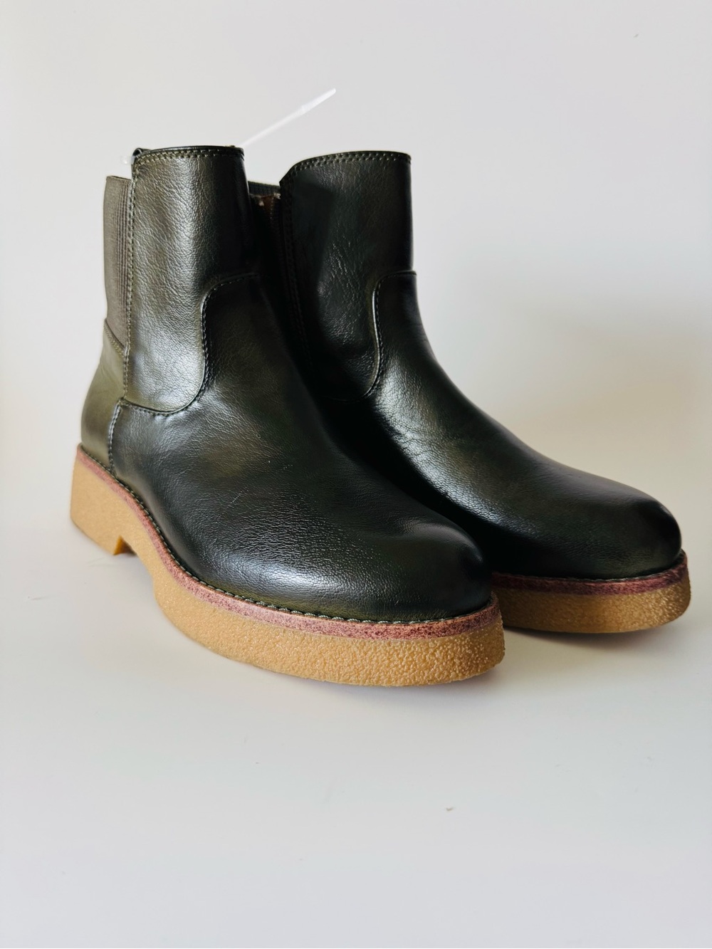boc Black Leather Ankle Booties with Tan Crepe Sole
